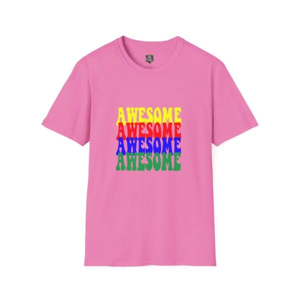 Awesome Shirt in pink featuring the word "AWESOME" stacked vertically on the front in yellow, red, blue, and green.