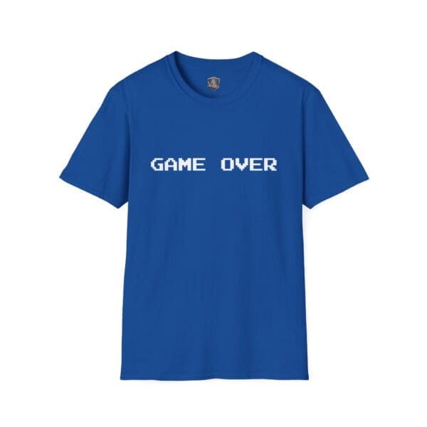 Game Over T-Shirt featuring a blue design with the phrase "Game Over" in white pixelated font.