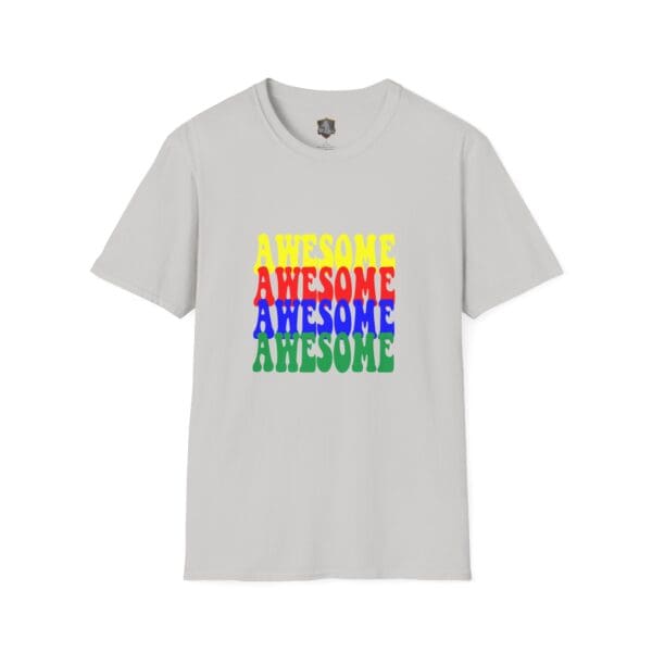 The Awesome Shirt is gray and features the word "AWESOME" repeated in yellow, red, blue, and green stacked vertically on the front.