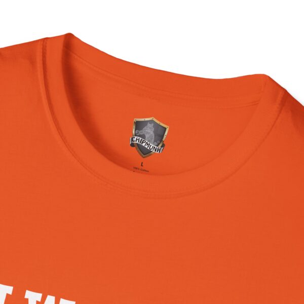 Close-up of an orange "I Would Cuddle You So Hard" T-shirt with a "Chipmunk" label at the collar, size L, made of 100% cotton.