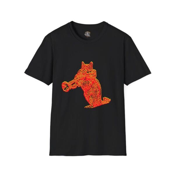 Chipmunk T-Shirt in black, showcasing a vibrant graphic of a raccoon playing a trumpet.