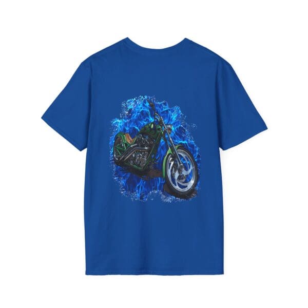 Chipmunk Motorcycle T-Shirt featuring a striking motorcycle graphic on the back, enhanced by an eye-catching blue and black abstract backdrop.