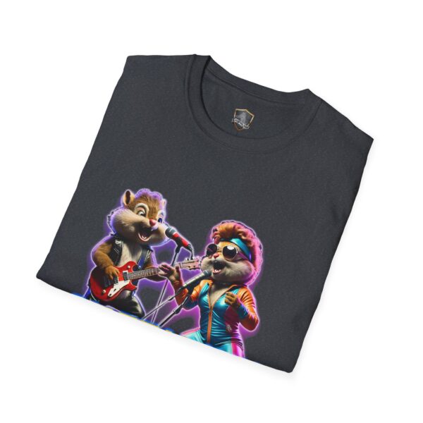 Chipmunk Retro graphic T-shirt showcasing two animated chipmunks in musical attire, with one playing a guitar and the other singing into a microphone enhanced by a neon glow effect.