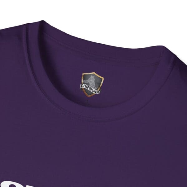 Close-up of a purple shirt collar displaying a small logo with a shield and text reading "CHIPMUNK" on the "Don't Be Trippin'" T-Shirt.