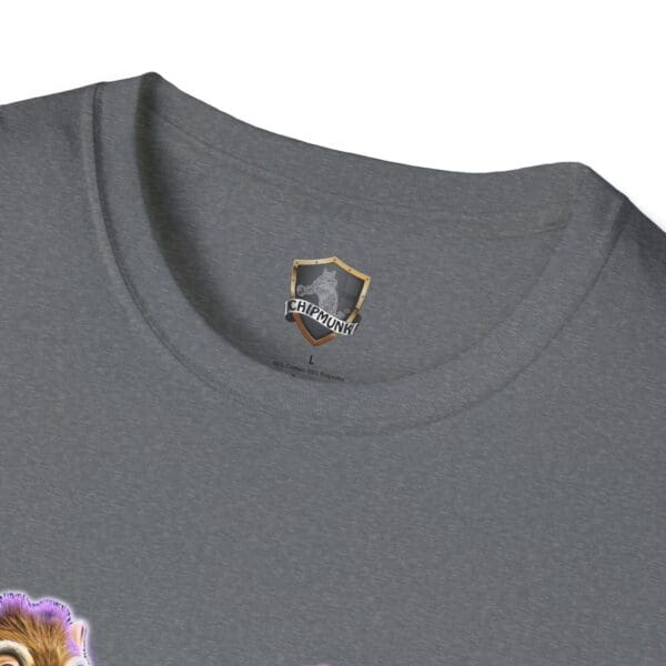 Close-up of a gray "Chipmunk Retro" T-shirt collar with the logo and size label printed inside, featuring partially visible cartoon character graphics around the collar.