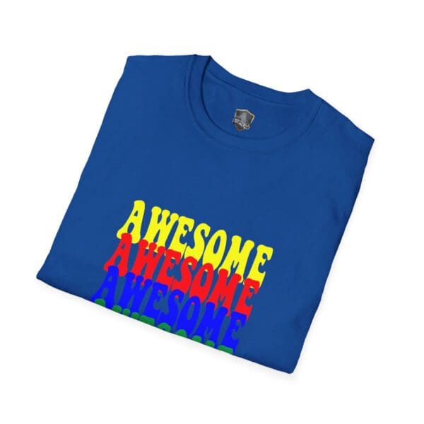 The Awesome Shirt is a blue t-shirt featuring the word "Awesome" repeated in colorful text—yellow, red, blue, and green—stacked on top of each other.