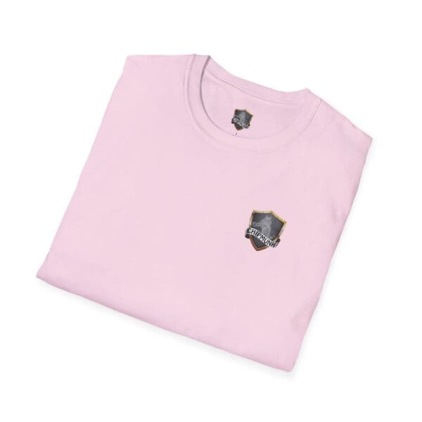 A folded pink F*ck Cancer Ribbon T-Shirt featuring a small shield emblem design.