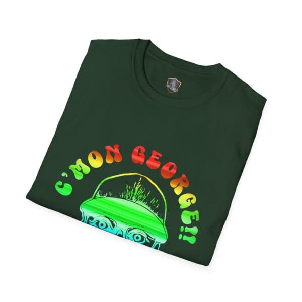 The "C'mon George!! Retro Rainbow Roadie T-Shirt" is green and features a colorful design with a partial face and the text "C'MON GEORGE!!" in bold, multicolored letters.