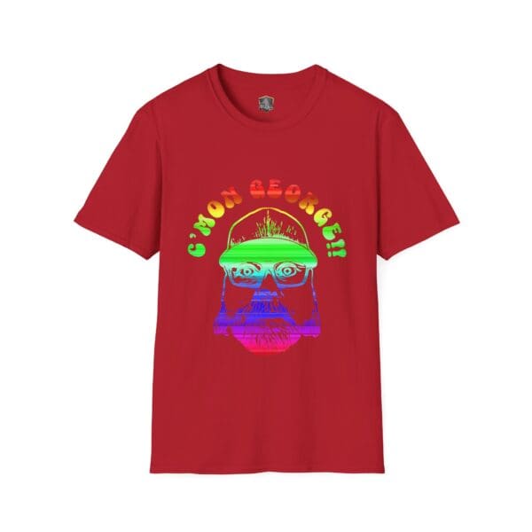 The "C'mon George!! Retro Rainbow Roadie T-Shirt" features a vibrant, stylized illustration of a bearded man in a cap on a red background, with the text "C'MON GEORGE!!" displayed in rainbow colors above.