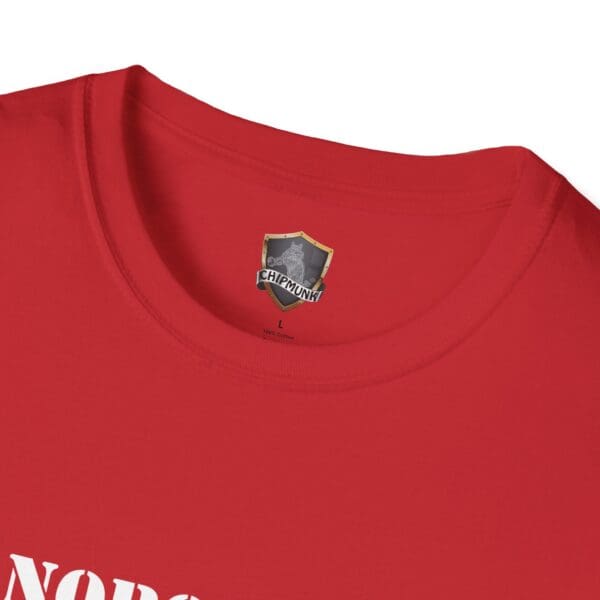 Close-up of a red "Nobody Is Perfect" statement t-shirt featuring the logo "Chipmunk" on the inner label and an image with white partial text at the bottom edge.