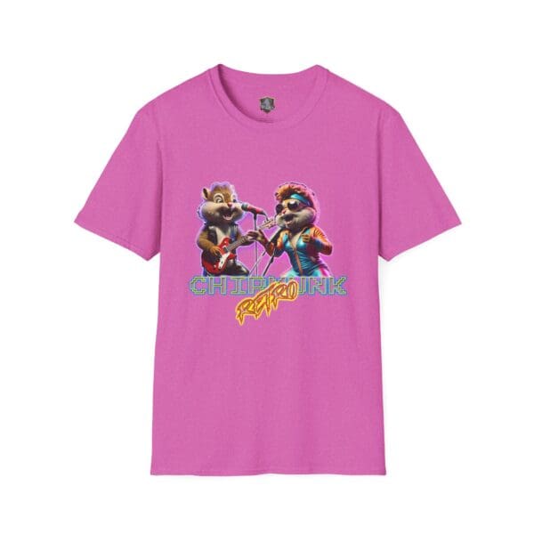 Chipmunk Retro pink t-shirt showcasing cartoon chipmunks playing instruments with "Chiprock" written underneath.