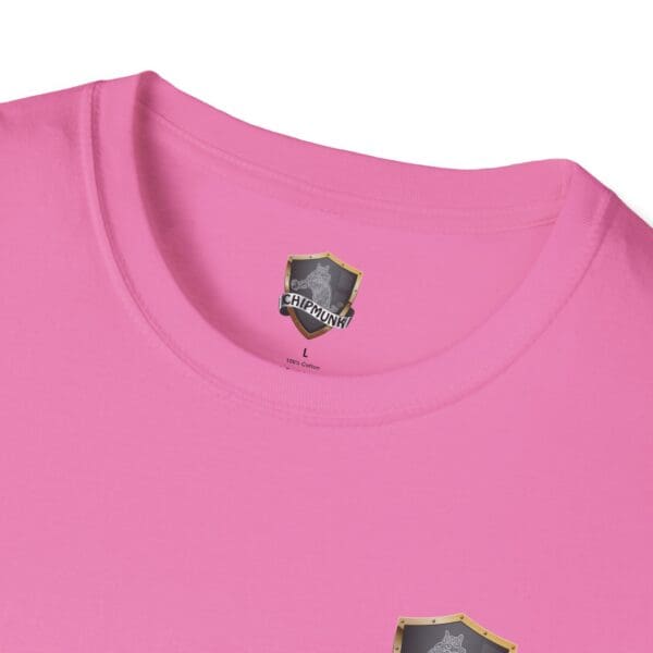 Close-up of a pink Chipmunk Family T-Shirt showing the neckline and tag with a logo that reads "Chipmunk." The shirt is made of 100% cotton.