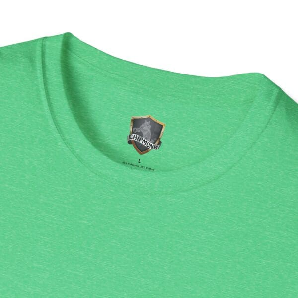 Close-up of a green M.I.L.F. (Man I Love Fridays) T-shirt featuring the "Chipmunk" logo and size label under the collar.