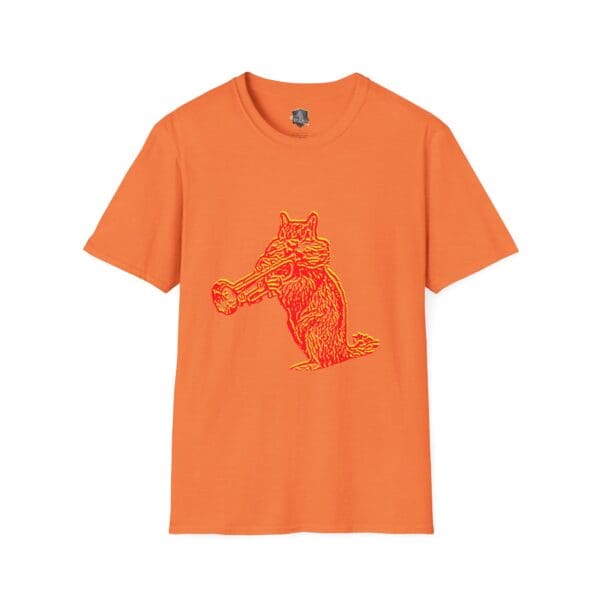 Chipmunk t-shirt in orange, showcasing a stylized graphic of a fox playing a clarinet.