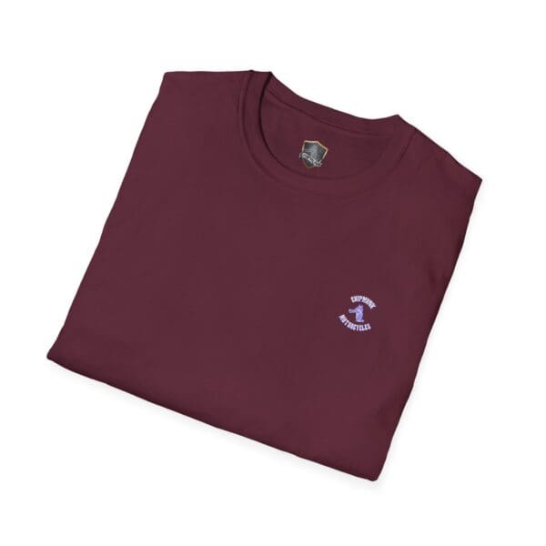 Maroon Chipmunk Motorcycle T-Shirt with a small embroidered graphic and text on the left chest area.