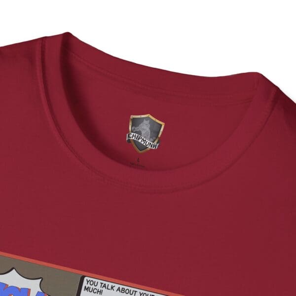 A red t-shirt featuring the "Forgetting Myself" cartoon graphic at the bottom and a "Chipmunk" label with a shield logo sewn inside the neckline.