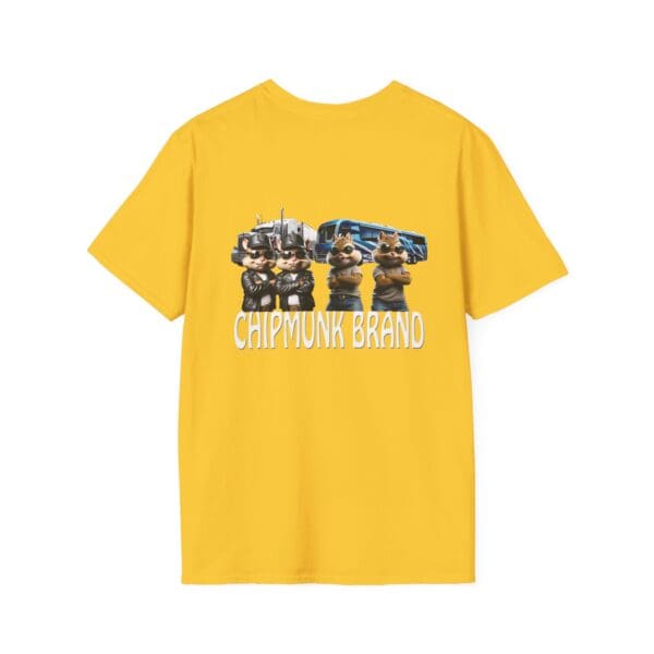 A Chipmunk Family T-Shirt in yellow that showcases cartoon chipmunks and two trucks, along with the "CHIPMUNK BRAND" text on the back.