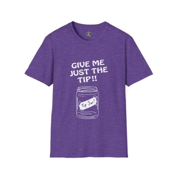 Purple t-shirt featuring a graphic of a jar labeled "Tip Jar" and white text that says "Give Me The Tips!!".