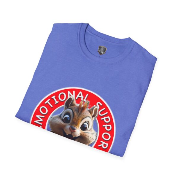 The Emotional Support Chipmunk T-Shirt is blue and features a cartoon chipmunk with the phrase "Emotional Support" printed in a circle on the front.