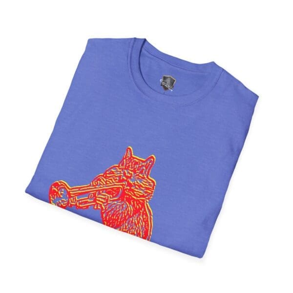 Chipmunk T-Shirt in blue featuring a stylized red and yellow design of a cat playing a trumpet.