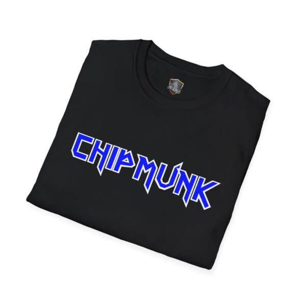 Black Chipmunk Rock T-Shirt #8 featuring "Chipmunk" in blue, stylized text across the front.