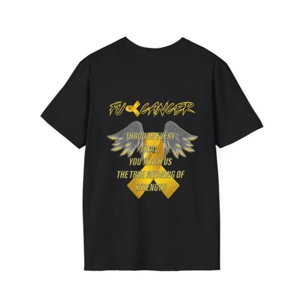 F Cancer Childhood Cancer Awareness T-Shirt featuring a black design with "F U Cancer" text, complemented by a yellow ribbon and angel wings. Quote: "Through every trial, you teach us the true meaning of strength.