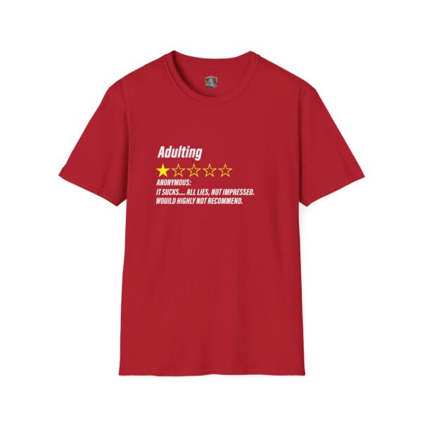 Adulting 1-Star Review T-Shirt with printed text: "Adulting" rated 1.5 out of 5 stars. Reviewed by Anonymous: "It sucks...all lies. Not impressed. Would highly not recommend.