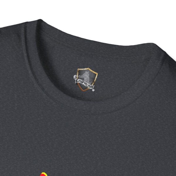 Close-up of the neckline of a Chipmunk T-Shirt, showcasing a small shield emblem and the word "Chipmunk" printed near the collar in dark gray.