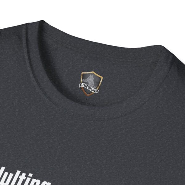 A close-up of the Adulting 1-Star Review T-shirt in dark gray, featuring the Chipmunk logo inside the neckline.