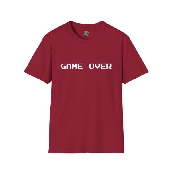 Game Over T-Shirt in red featuring white pixelated "GAME OVER" text on the front.