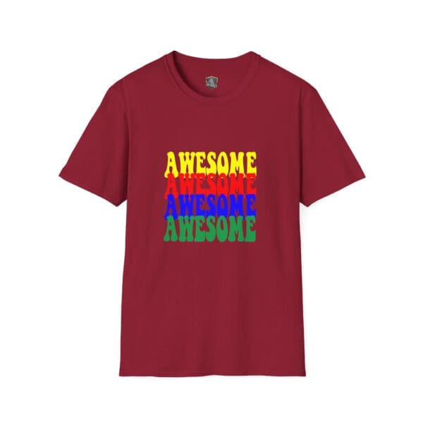 Maroon Awesome Shirt featuring the word "AWESOME" printed four times in stacked yellow, red, blue, and green on the front.