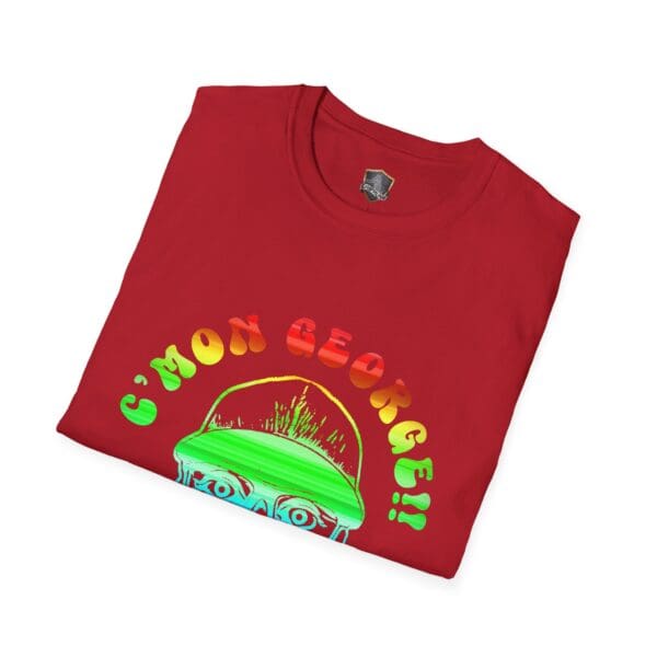 C'mon George!! Retro Rainbow Roadie T-Shirt featuring a colorful graphic of a person's face and the text 'C'MON GEORGE!!' in bold letters.