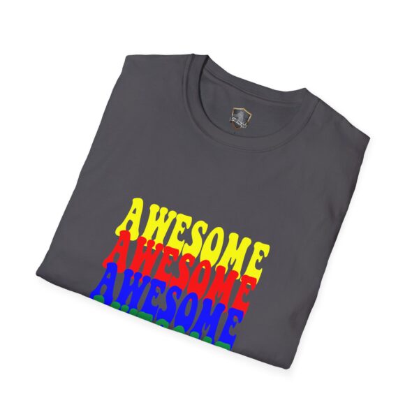 Folded gray Awesome Shirt with "AWESOME" printed in stacked yellow, red, and blue letters.