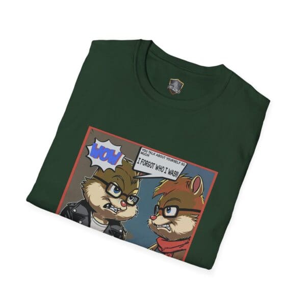 An "Overt Narcissism - Forgetting Myself Graphic Tee" in green, showcasing cartoon chipmunks in a comic style, with one saying "WOW" and the other saying "I forgot who I was.