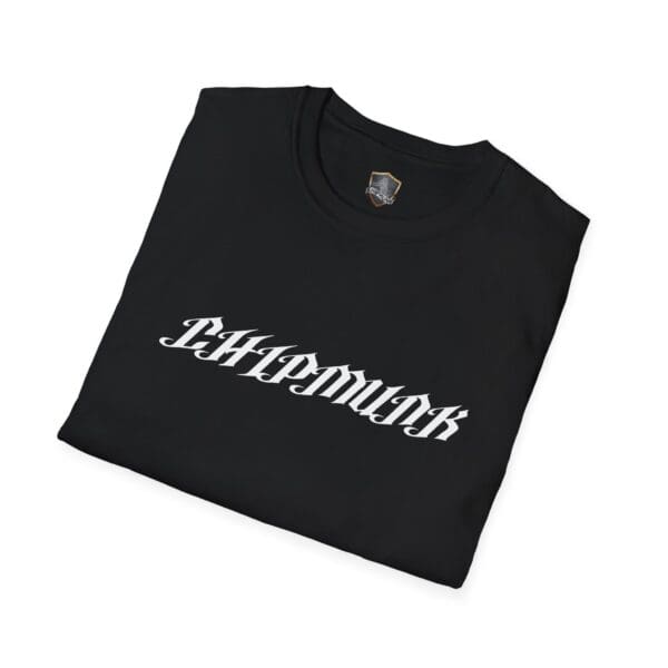 Black t-shirt neatly folded featuring "Chipmunk" in white Gothic font on the front, named the Chipmunk Rock T-Shirt #4.