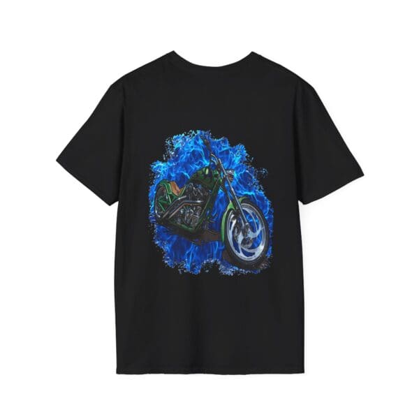 Chipmunk Motorcycle T-Shirt showcasing a stylized motorcycle graphic encircled by blue flames on the back.