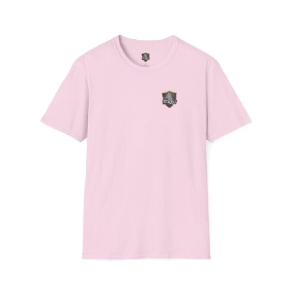 A light pink "F Cancer Childhood Cancer Awareness" T-shirt featuring a small black and gold shield emblem on the left chest.