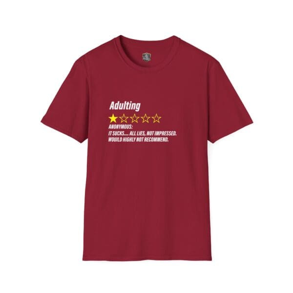 A maroon Adulting 1-Star Review T-Shirt features a humorous design with "1.5 stars" and the review, "It sucks... all lies, not impressed. Would highly not recommend.