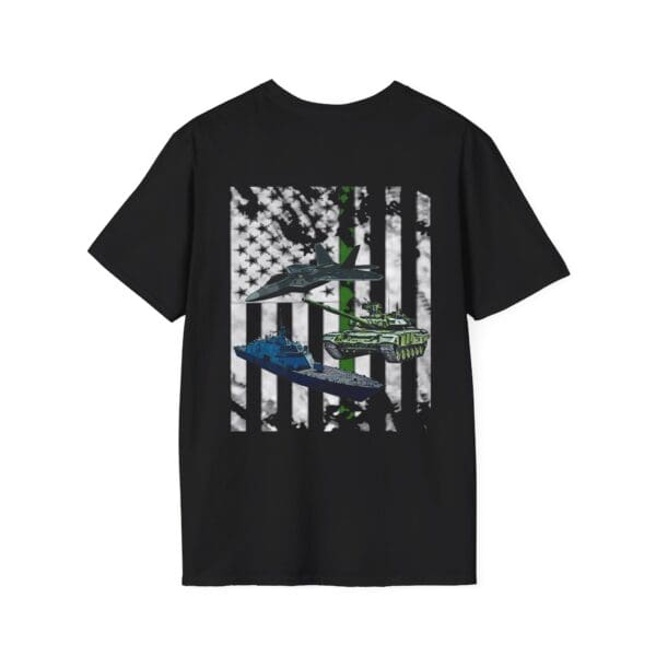 Land, Sea, and Air T-Shirt featuring a U.S. flag background with blue and green designs of a navy ship, tank, and fighter jet prominently in the center.