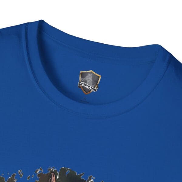 Close-up of a blue OG Chipmunk T-Shirt with a collar and the "Chipmunk" label inside.