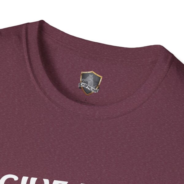 Close-up of a maroon "Give Me The Tips" T-shirt neckline featuring a small Chipmunk brand logo inside.