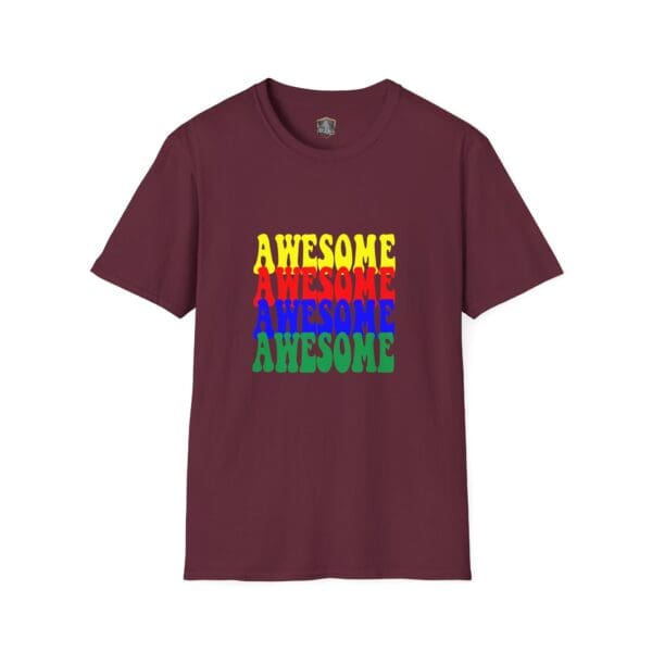 Maroon Awesome Shirt featuring vibrant stacked text with "AWESOME" in shades of yellow, red, blue, and green.