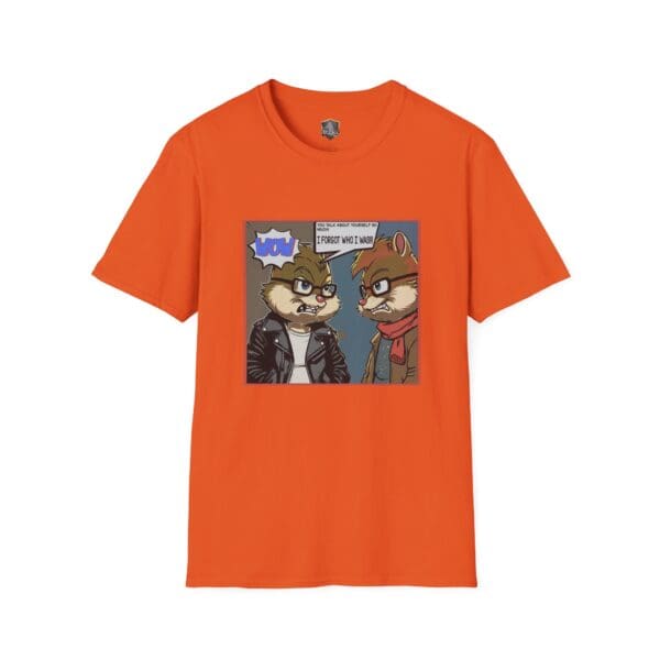 Orange "Overt Narcissism - Forgetting Myself Graphic Tee" featuring a cartoon of two animals dressed in jackets, with one saying, "Wow, I almost forgot who I was.