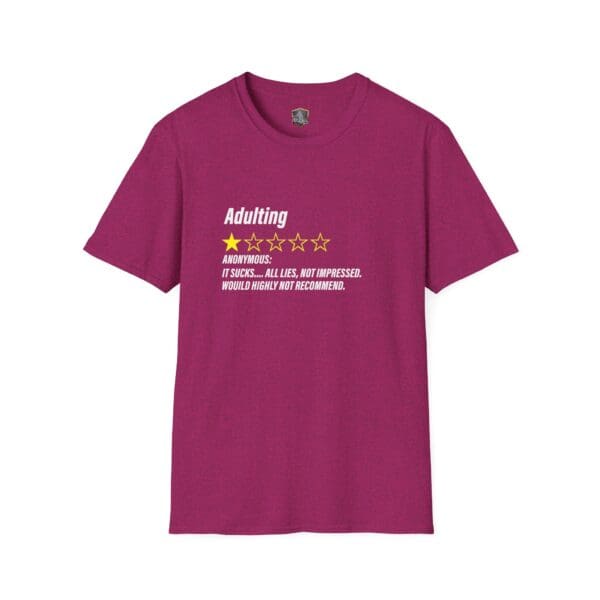 A maroon Adulting 1-Star Review T-Shirt featuring a humorous design with the message: "Anonymous: It sucks… All lies. Not impressed. Would highly not recommend.