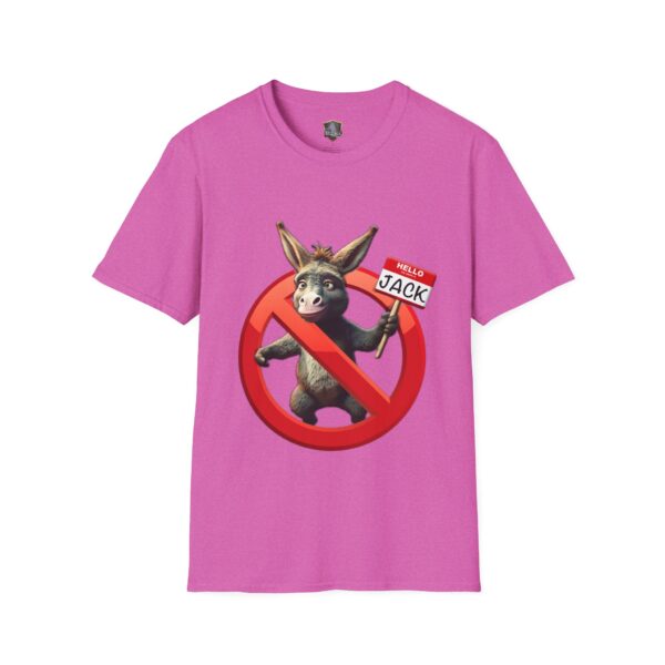 Pink t-shirt featuring a cartoon donkey behind a red "no" symbol, with the product name "Don't Be A Jack Ass".