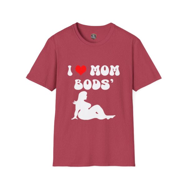 A maroon "I ❤️ Mom Bods T-Shirt" featuring white text and a silhouette of a reclining figure.