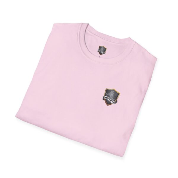 A folded light pink T-shirt with a small shield logo on the chest featuring the word "F Cancer Childhood Cancer Awareness.