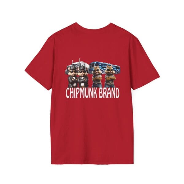 Chipmunk Family T-Shirt: A red tee showcasing four cartoon chipmunks standing before a truck, with "Chipmunk Brand" printed underneath.