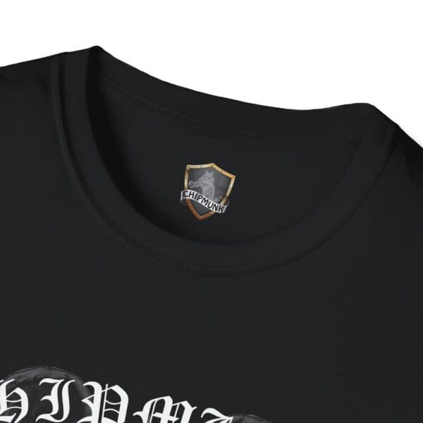 Close-up of a Gothic Art T-Shirt in black, featuring a logo with a shield and the word "Chipmunk" printed near the neckline.