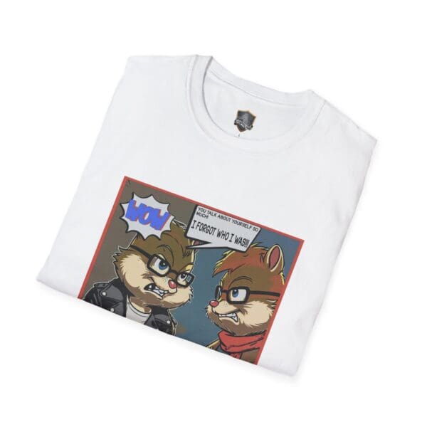 White t-shirt featuring the Overt Narcissism - Forgetting Myself Graphic Tee design, with two animated chipmunks wearing glasses and jackets accompanied by speech bubbles.